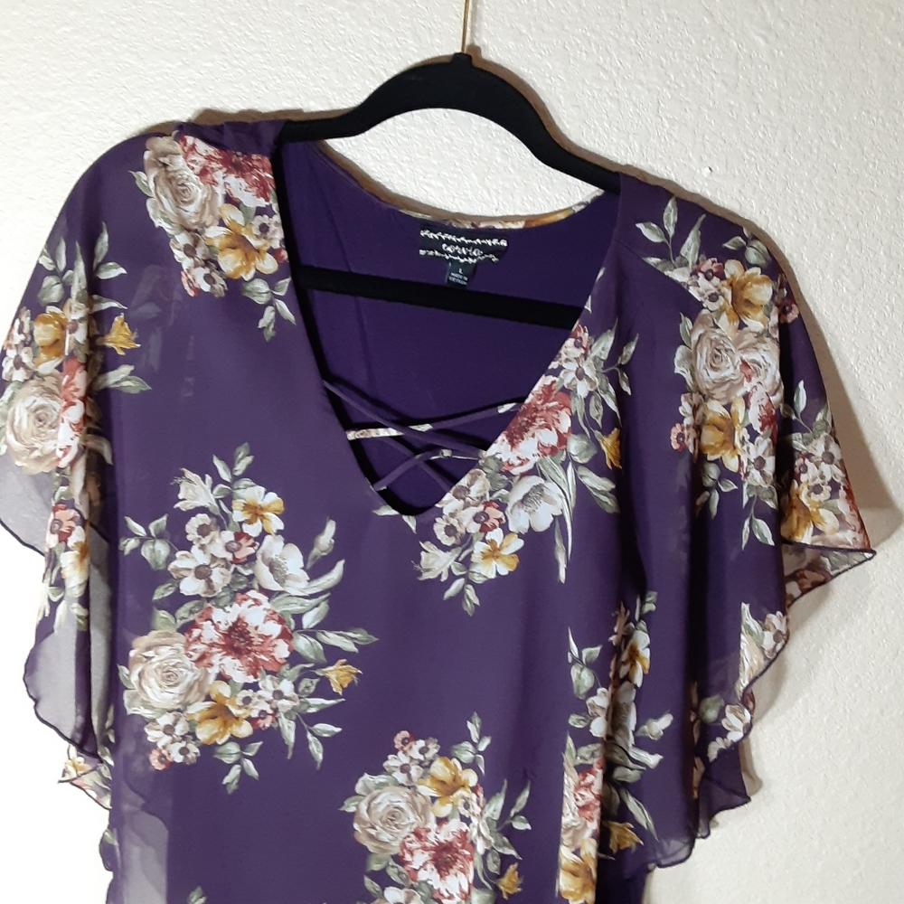 Corvia Purple Floral Print Overlay Blouse Size L